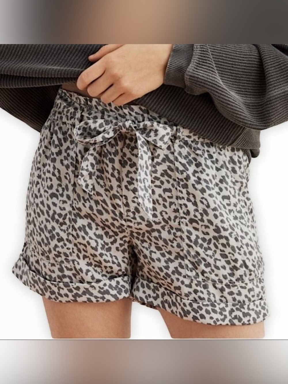 Aerie shorts leopard Gray Paperbag Mid-Rise Animal Print Belted Pull On sz sm